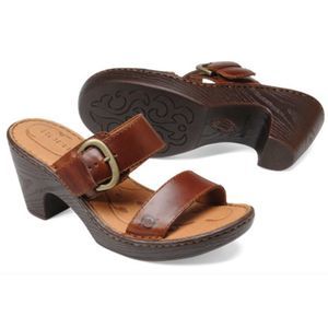 Born Tinari Sz 8/39 Leather Sandal Heeled Two Strap Slide Brown Buckle